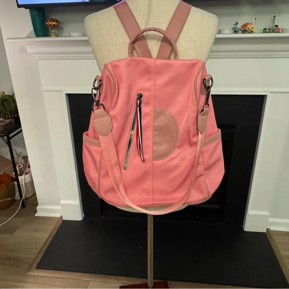🎀 Coral Pink Nylon Backpack with Embossed Medallion Logo 🎀